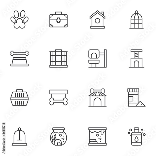 Pet shop line icons set, outline vector symbol collection, linear style pictogram pack. Signs, logo illustration. Set includes icons as pets paw, aquarium fish, bird cage, kennel, cat scratcher, vet