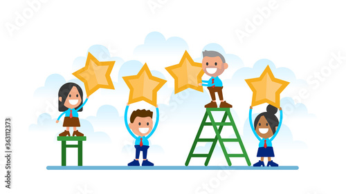 Online customer reviews. Customer reviews rating. Different people give a review rating and feedback. Support for business satisfaction.
