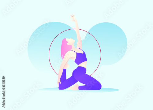 Female doing Yoga pose exercise. Gradient vector illustration. Young woman in purple and pink sportswear