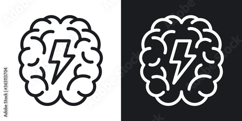 Brainstorm or brainstorming icon. Human brain with a lightning bolt inside. Simple two-tone vector illustration on black and white background