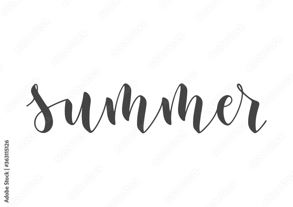 Handwritten Lettering of Summer. Template for Banner, Card, Invitation, Party, Poster, Print or Web Product. Objects Isolated on White Background. Vector Stock Illustration.