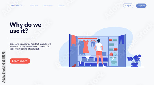 Woman choosing dress from wardrobe flat vector illustration. Young lady standing near opened closet. Pile of clothes laying on shelfs. Cartoon style. Organization and arrangement concept