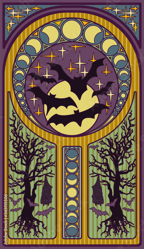 Black bats and full moon, art nouveau style card, vector illustration