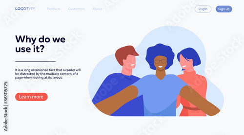 Happy diverse young people taking group selfie on mobile phone camera, standing together and smiling. Flat vector illustration for friendship, photo, self portrait concept