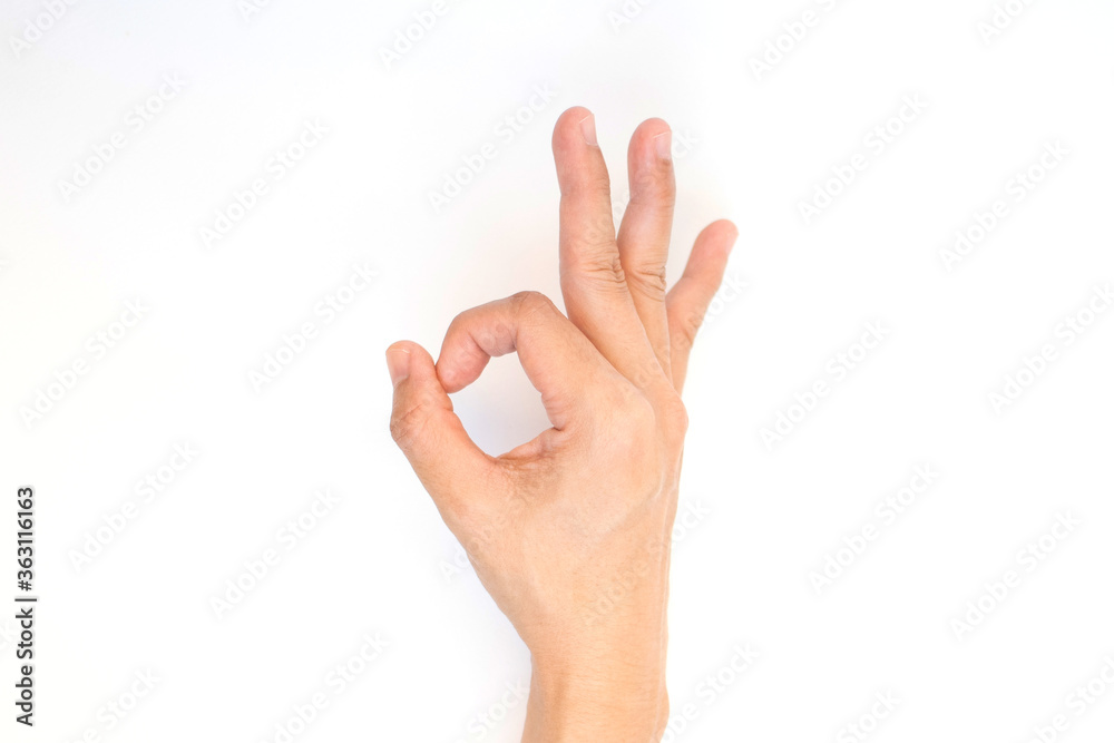 Female hand showing gesture on white background. Body language concept. Female hand showing gesture on white background. Body language concept.