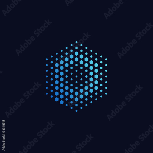 Letter p pixel logo hexagon blue color. Technology, business, and digital logotype vector concept