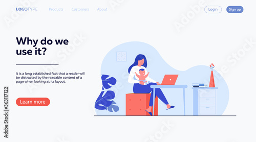 New mom working at home. Working mother holding baby in arms, using computer at her workplace. Can be used for freelance worker with kid, maternity, motherhood, online job concept