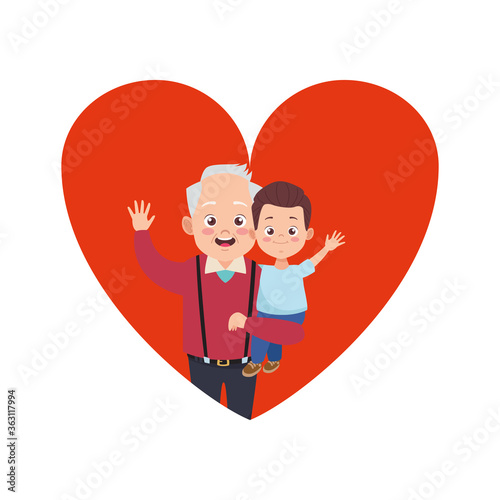 happy old grandfather with little grandson in heart characters