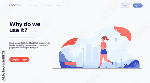 Runner training outdoors. Sporty girl running down city park pathway in morning. Vector illustration for health, active lifestyle, morning exercise, jogging concept