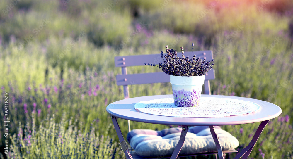 Furniture folding table and chairs for outdoor recreation in a blooming  lavender field with a vase of lavender on the table. Background of a  natural landscape. Furniture and design. foto de Stock