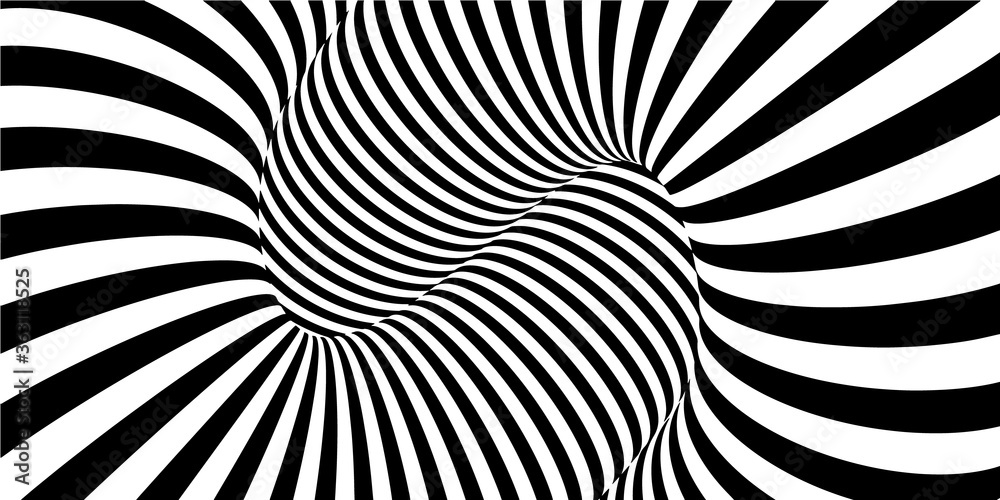 Abstract background in lines style. Black and white monochrome stripes banner. 3D torus with optical Illusion. Vector Illustration.