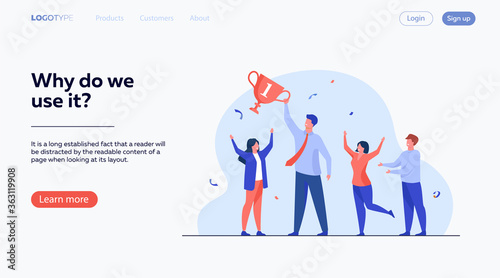 Teamwork and team success concept. Best employees winning cup, celebrating victory. Flat vector illustration for leadership and career achievement topics