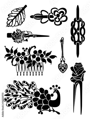 Set of hairpins silhouettes, beautiful and diverse hair accessories isolated on white background.
