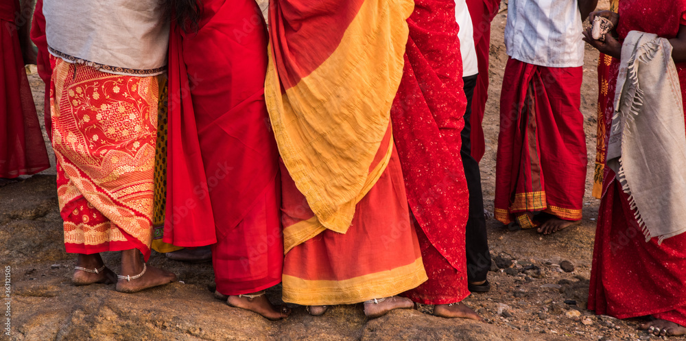 Some Hindu pilgrims are in colorful clothes in Kanyakumari, Tamil Nadu, India. Some Hindu pilgrims are in colorful clothes in Kanyakumari, Tamil Nadu, India.