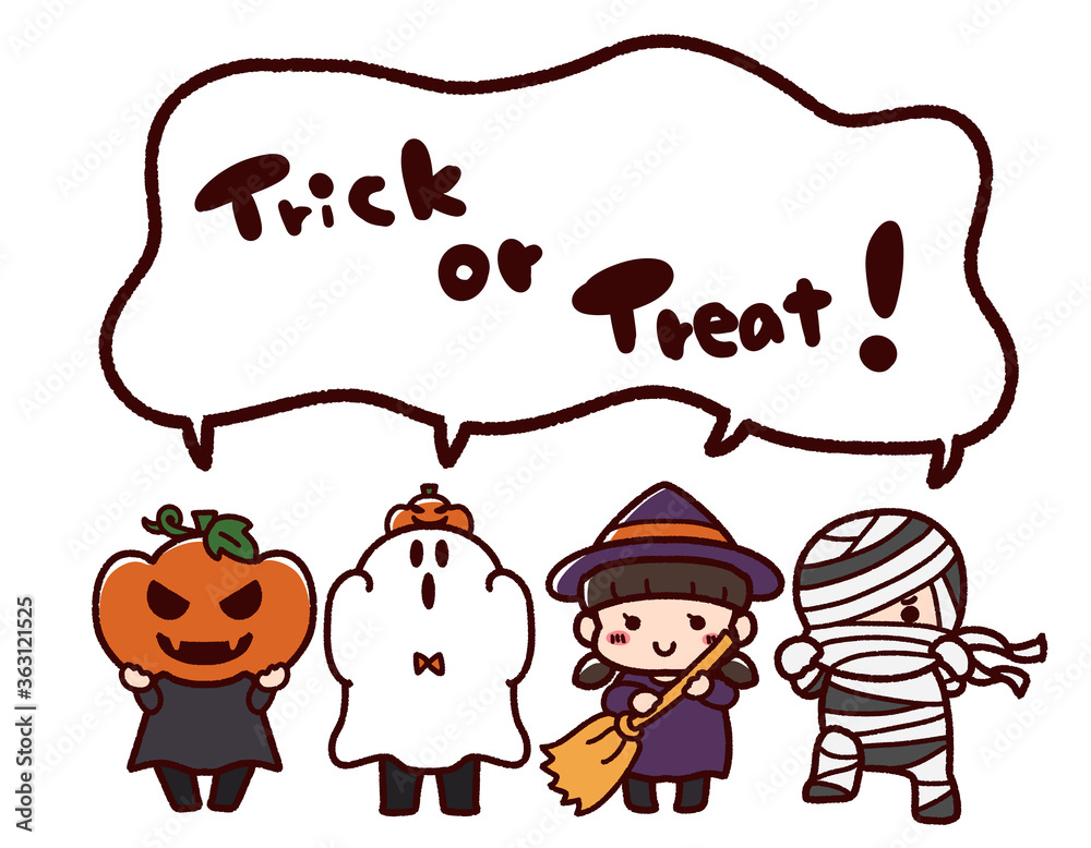 Naklejka premium ハロウィンの仮装をする子供たち トリックオアトリート