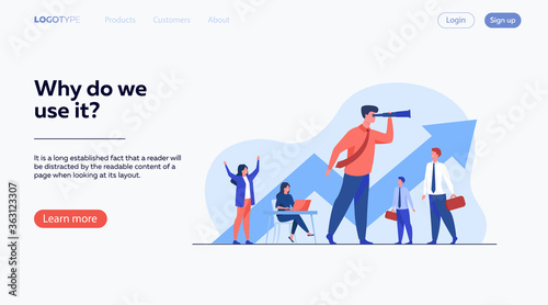 Team leader and teamwork concept. Businessman with telescope looking faraway an leading team. Flat vector illustration for planning, challenge, leadership topics
