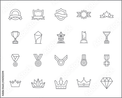 Set of awards and prizes icons line style. It contains such Icons as winner, cups, medals, badges, trophy, best, top and other. 