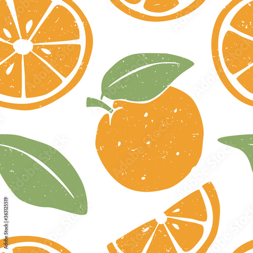 Orange seamless pattern. Ripe orange and orange slice on white background.  Can be used for wallpaper, fabric, wrapping paper or decoration. Vector hand drawn illustration