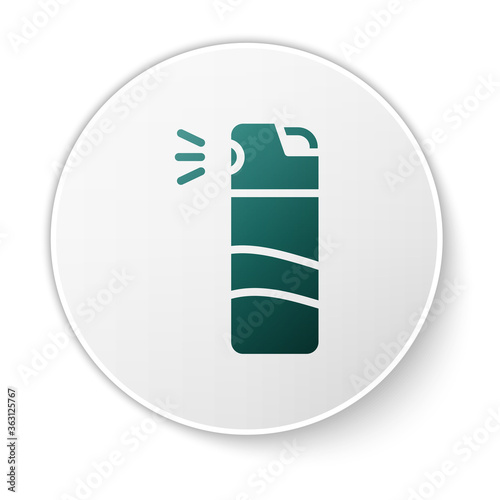 Green Pepper spray icon isolated on white background. OC gas. Capsicum self defense aerosol. White circle button. Vector.
