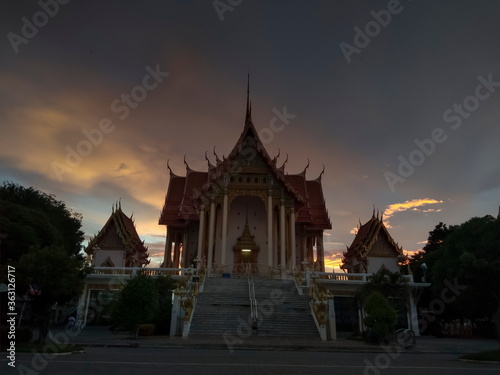 view evening of Buddhist temple with twilight sky background, Wat Don Toom, Ban Pong, Ratchaburi, Thailand.