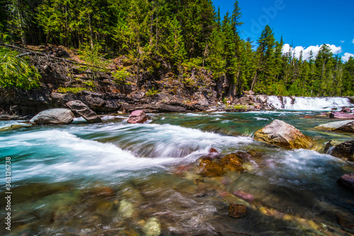 The streams and turbulence in McDonald Creek  in Glacier National Park  Montana.
