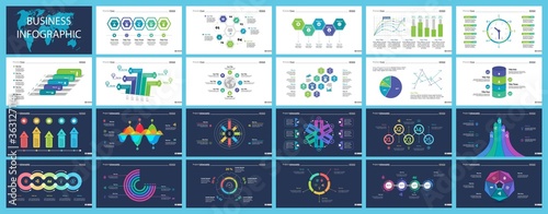 Business inforgraphic slide design set can be used for presentations, annual report, web design. Management concept. Process, option, comparison graphs, area chart, flowchart, donut diagram