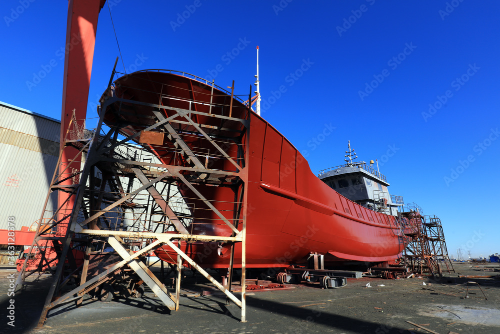 Ships under construction in a shipyard, China Ships under construction in a shipyard, China