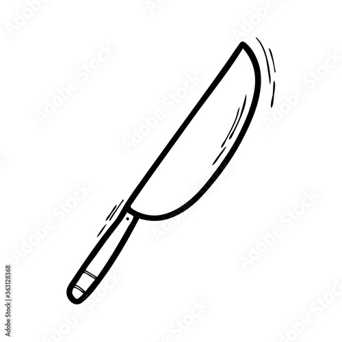 Doodle style knife isolated on a white background. Kitchen utensils. Kitchen knife, for meat, for oil, universal. A knife as a murder weapon. Vector illustration.