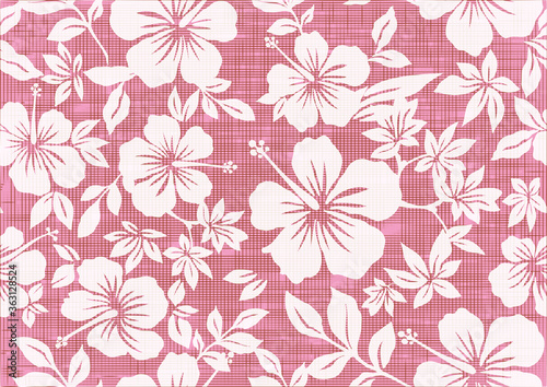 Background illustration with hibiscus pattern for vintage aloha shirt design. seamless.red.