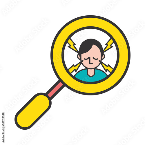 person with headache covid19 symptom in magnifying glass