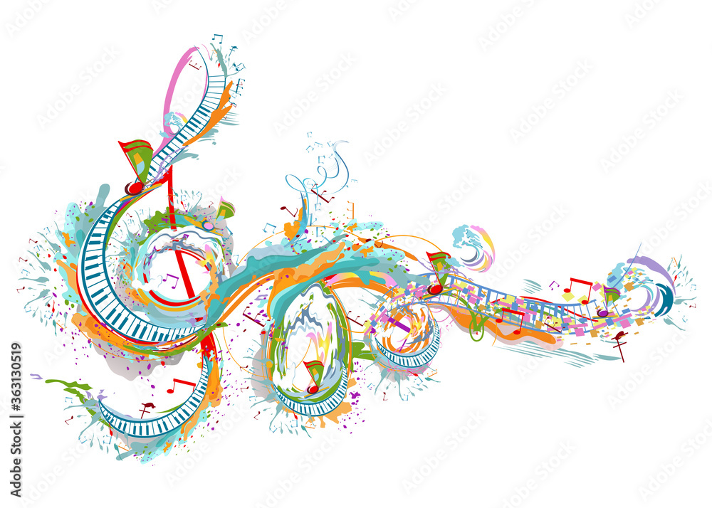 Fototapeta Abstract musical design with a treble clef and colorful splashes, notes and waves. Colorful treble clef. Hand drawn vector illustration.