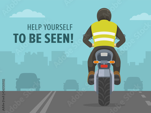 Driving a motorcycle. Safety bike ride on road. Help yourself to be seen. Biker wears safety jacket vest. Flat vector illustration.