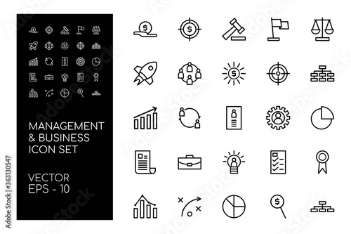 Icon Set of Business and Management with Line Concept Isolated on White Background. This Bundle Consists of 25 Icon, among them : Funding, Teamwork, System, Contract, etc. - Vector Illustration.