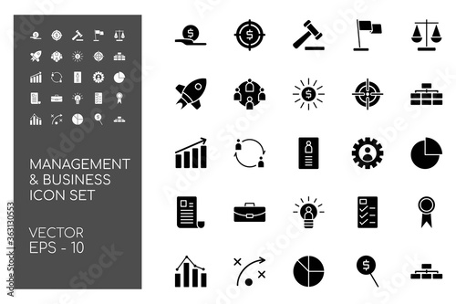 Icon Set of Business and Management with Black Monochrome Concept Isolated on White Background. This Bundle Consists of 25 Icon, among them : Funding, Teamwork, System, Contract, etc. - vector