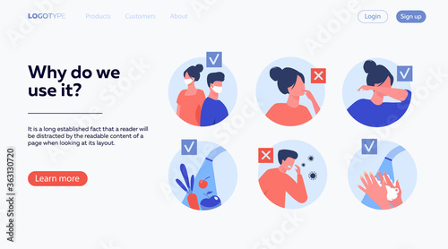 Protection from coronavirus tips. Safety list for prevention spreading, avoidance people with flu symptoms and cough. Vector illustration for, 2019-ncov, corona virus, healthcare concept