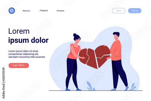 Couple mending broken pieces of heart. Young man and woman holding red heart shape with cracks. Vector illustration for love, relationship, problem, breakup concept