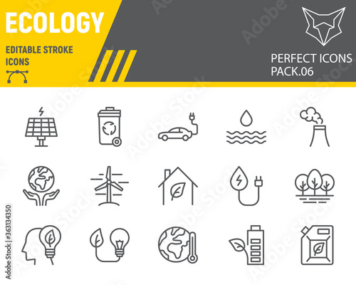 Ecology line icon set, eco symbols collection, vector sketches, logo illustrations, environment icons, green ecology signs linear pictograms, editable stroke.