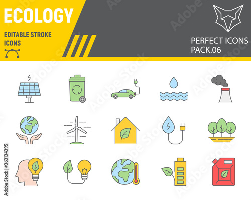 Ecology color line icon set, eco symbols collection, vector sketches, logo illustrations, environment icons, green ecology signs colorful linear pictograms, editable stroke.