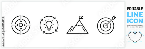 Editable line icon set for personal success stories. 