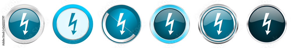 Bolt silver metallic chrome border icons in 6 options, set of web blue round buttons isolated on white background Bolt silver metallic chrome border icons in 6 options, set of web blue round buttons isolated on white background