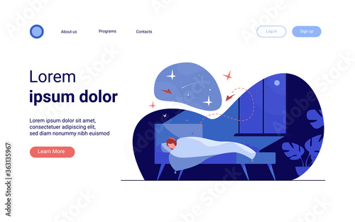 Cartoon person sleeping in her bedroom at night. Woman resting in bed and dreaming on night starry sky. Vector illustration for bedtime, comfort, nighttime concept