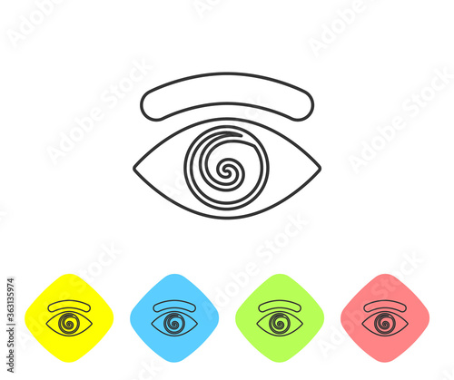Grey line Hypnosis icon isolated on white background. Human eye with spiral hypnotic iris. Set icons in color rhombus buttons. Vector.