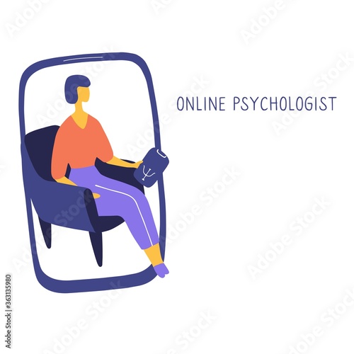 Online psychotherapy practice. Remote psychological help, psychiatrist consulting patient. Mental health care and treatment. Hand drawn vector illustration