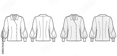 Blouse technical fashion illustration set with oversized body, long bishop sleeves, regular collar, double breasted. Flat apparel template front back grey white color. Women, men unisex garment mockup