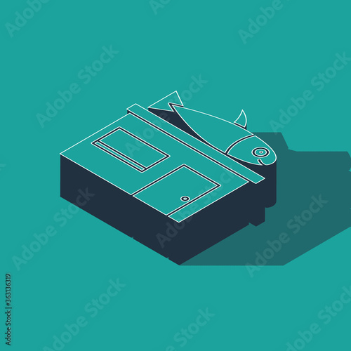 Isometric Seafood store icon isolated on green background. Facade of seafood market. Vector..