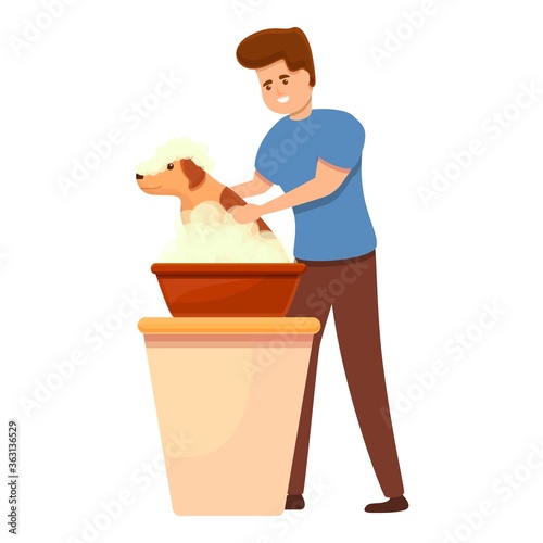 Groomer boy wash dog icon. Cartoon of groomer boy wash dog vector icon for web design isolated on white background
