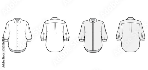Classic shirt technical fashion illustration set with button down front opening, round collar, elbow sleeves, oversized body. Flat apparel template front back white grey color. Women men unisex mockup
