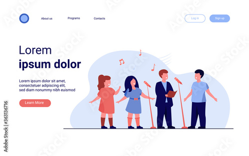 Children choir singing song in church flat vector illustration. Group of kids singing to microphone. Activity, music and entertainment concept.