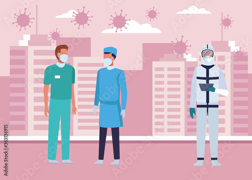 group of doctors wearing medical masks on the city