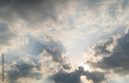 Scene of Ray light on sun beam with Moving clouds background in nature and travel concept, wide angle shot Panorama shot.